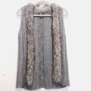Alfani Gray Alpaca Blend Faux Fur Trim Open Knit Open Vest sz P/M